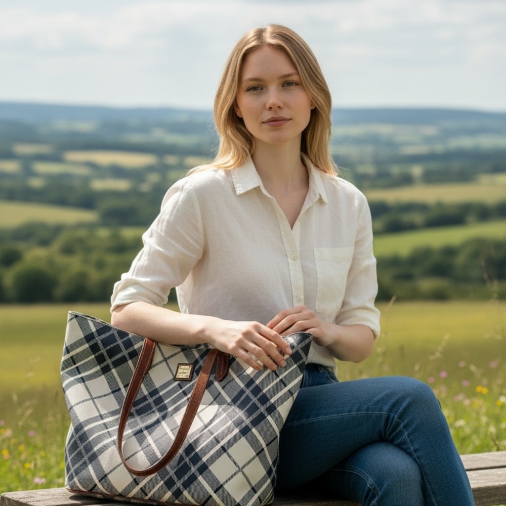 Dooney & Bourke Blue and Cream Plaid Tote